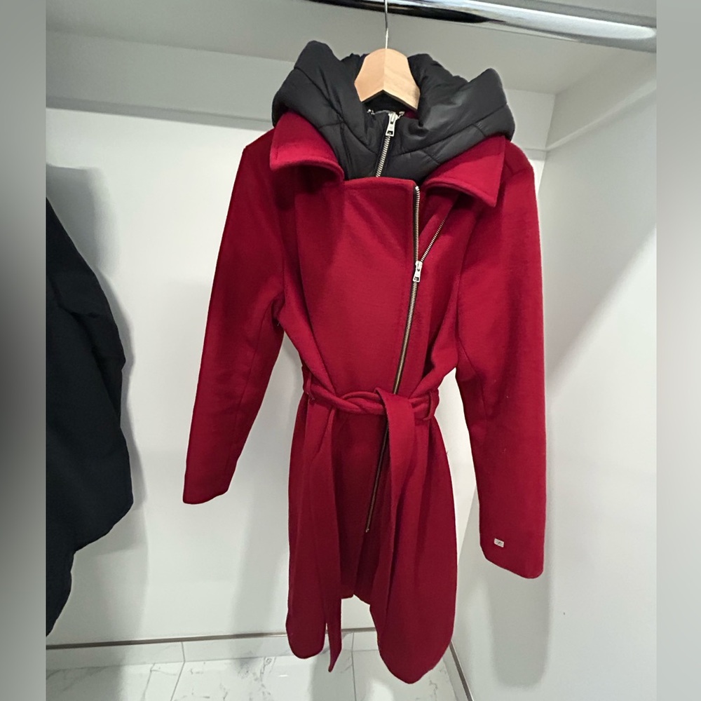 Soia & Kyo Asymmetrical Moto Zip Retro Wool Coat in Dark Red, size XL